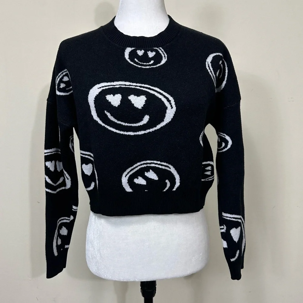 NEW dreamers by debut Viscose Black White Dolman Sleeves Smileys Pullover Top L - Picture 1 of 16